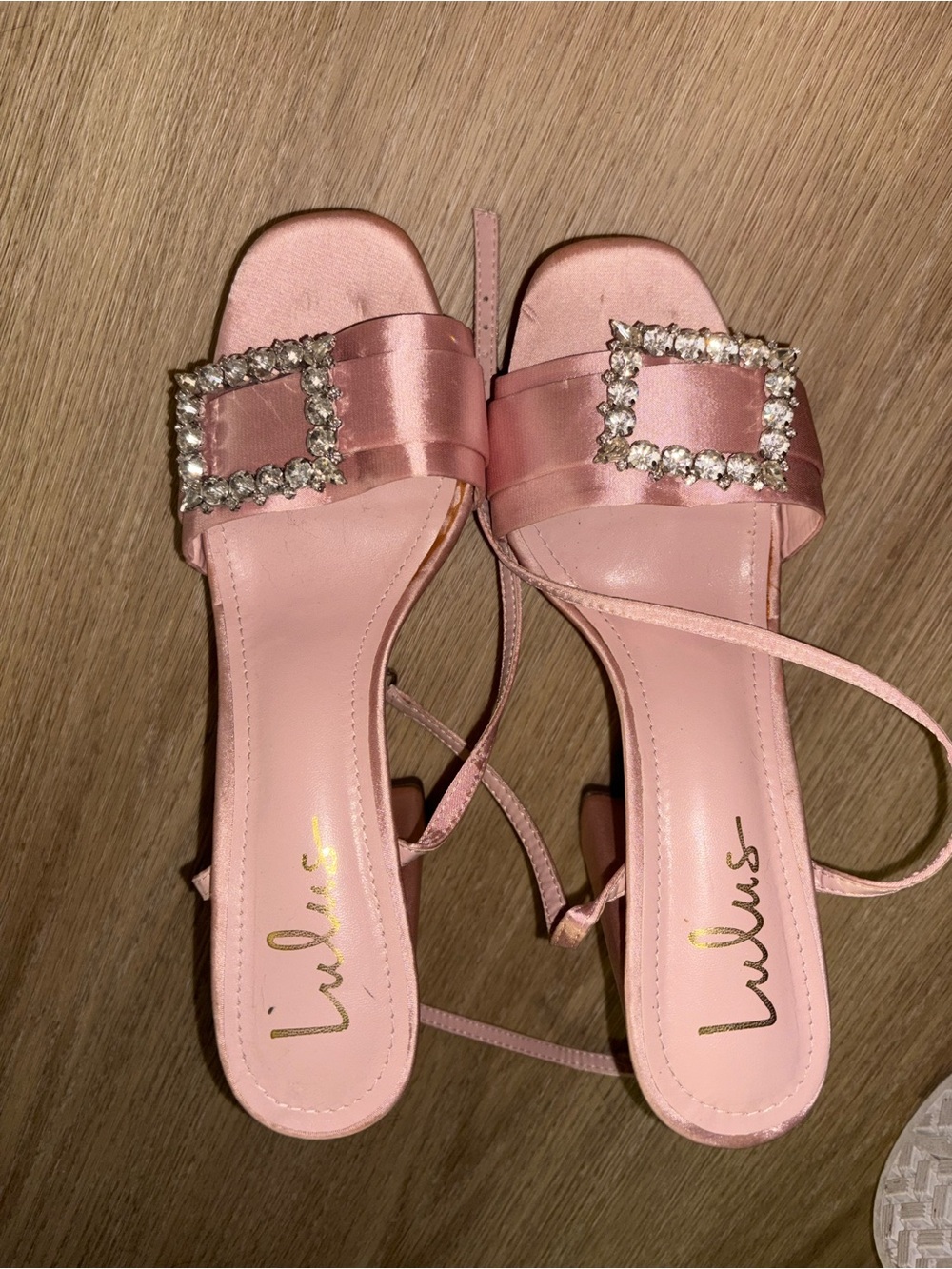 Lulu's Blush Pink Satin Rhinestone Buckle Strappy Heels